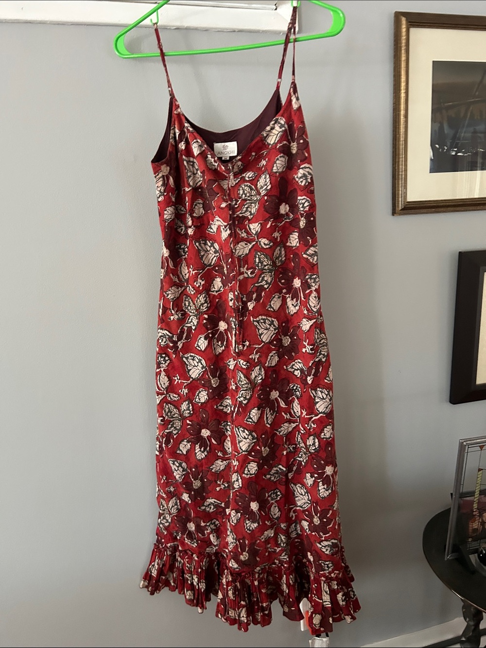 Floral Ruffle Hem Maxi Slip Dress in Deep Red